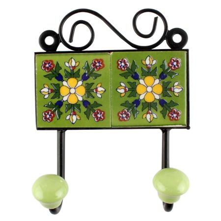 Ceramic Floral Tile Hook in Pea Green